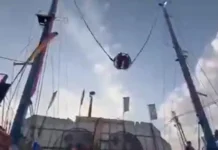 Corda de atração rompe e deixa quatro pessoas suspensas na Espanha; vídeo